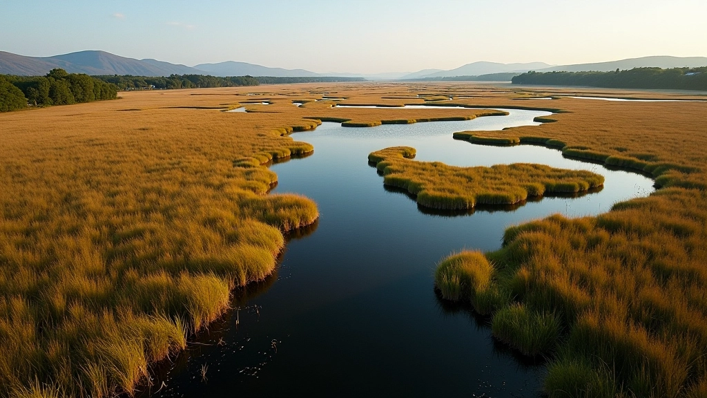 Aerial view of Wexford Slobs wetland sanctuary showing water channels and reed beds