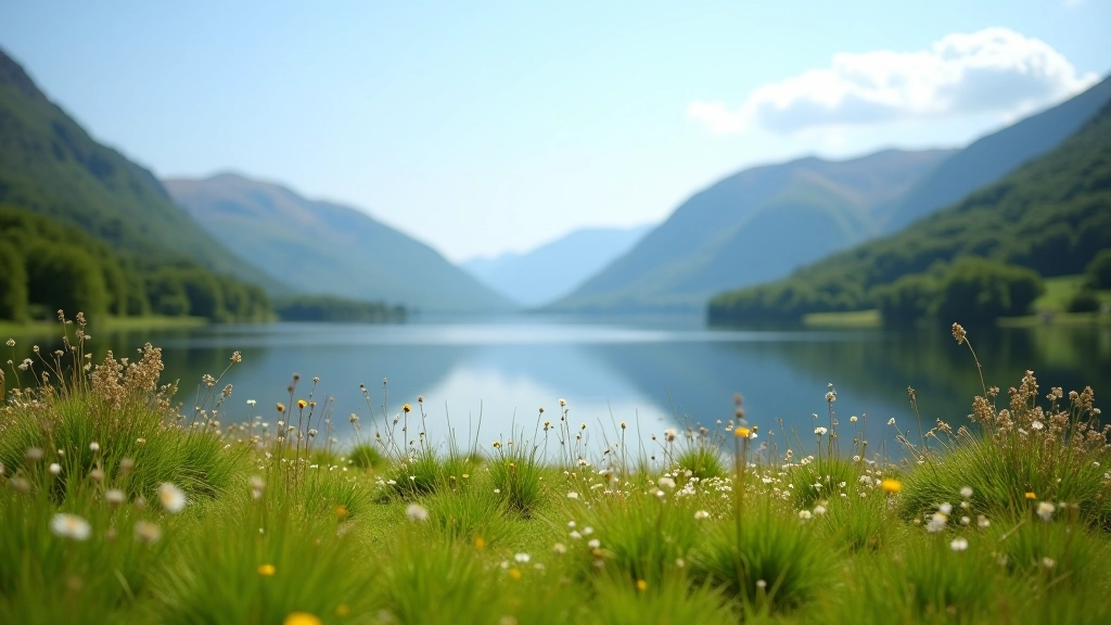 Upper Lake scenic viewpoint with mountain backdrop, grassy area suitable for picnicking with distant water views