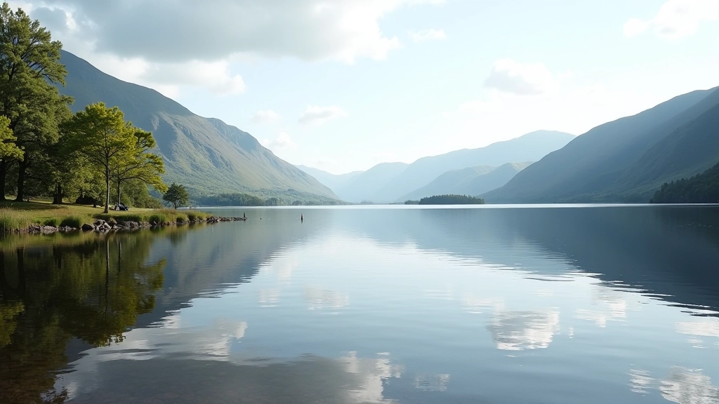 Serene lakeside view at Killarney National Park with mountains reflected in calm water
