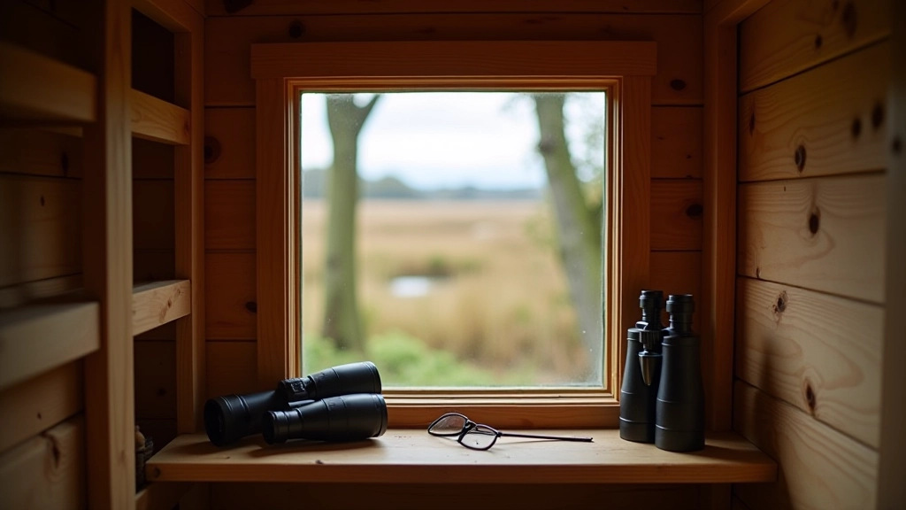 Birdwatching viewing hide interior with windows overlooking wetland and binoculars