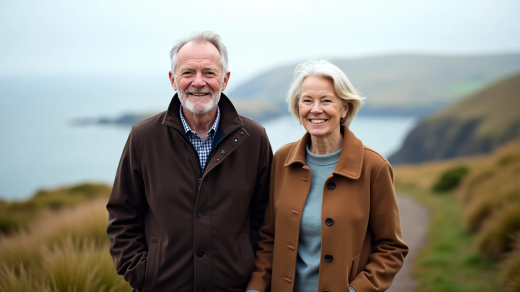 Senior couple enjoying peaceful coastal walk along rugged Irish coastline with ocean views