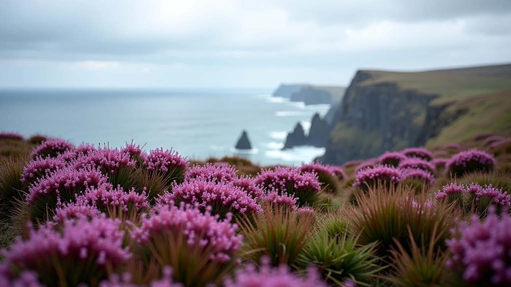 Rugged moorland with purple heather leading to coastal cliffs and sea stacks