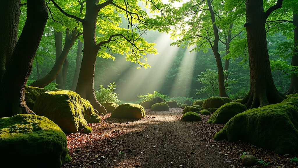 Peaceful forest clearing at Tollymore with soft natural light and moss-covered stones, tranquil atmosphere