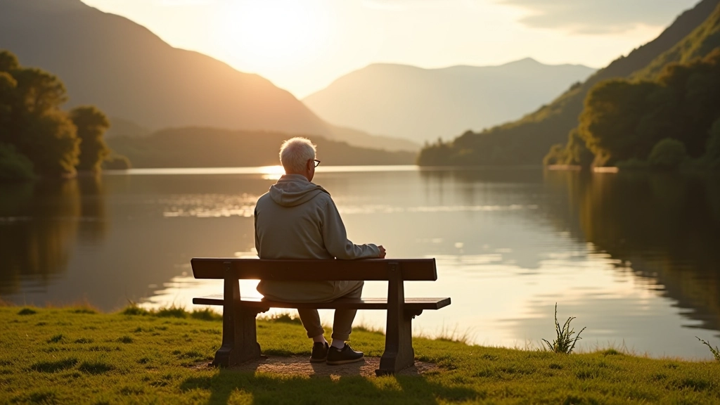 Senior enjoying quiet moment overlooking scenic Irish lake with mountains and forest backdrop