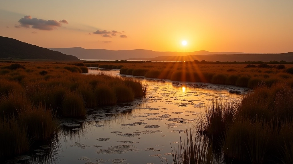 Wetland landscape at golden hour with reeds and water reflecting sunset colors
