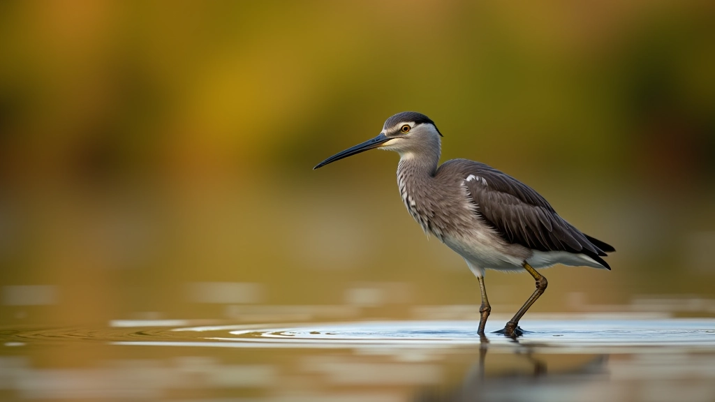 Close-up wildlife photograph of wading bird in shallow water at sunset